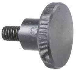 Morton Machine Works - 1/4-20 Knurled Shoulder Grade C-12L14 Steel Thumb Screw - 1-1/4" OAL, 1" Head Diam x 1/4" Head Height, Black Oxide Finish - Americas Industrial Supply