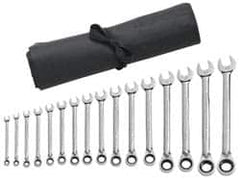 GearWrench - 16 Piece, 8mm to 25mm, 6 Point Combination Wrench Set - Metric Measurement Standard, Chrome Finish, Comes in Vinyl Pouch - Americas Industrial Supply