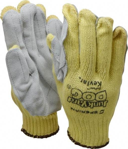 Honeywell - Size Universal (9), ANSI Cut Lvl 3, Abrasion Lvl 6, Leather Cut Resistant Gloves - Knit Wrist, Tan/Gray, Paired - Americas Industrial Supply