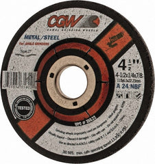 CGW Abrasives - 24 Grit, 4-1/2" Diam x 1/4" Thick x 7/8" Arbor, Type 27 Depressed Center Wheel - Americas Industrial Supply