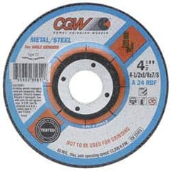 Camel Grinding Wheels - 24 Grit, 4-1/2" Wheel Diam, 1/8" Wheel Thickness, Type 27 Depressed Center Wheel - Aluminum Oxide, Resinoid Bond, Q Hardness, 13,300 Max RPM, Compatible with Angle Grinder - Americas Industrial Supply