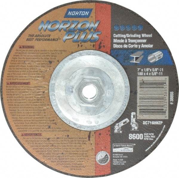 Norton - 7" Wheel Diam, 1/8" Wheel Thickness, Type 27 Depressed Center Wheel - Ceramic, 8,600 Max RPM, Compatible with Angle Grinder - Americas Industrial Supply