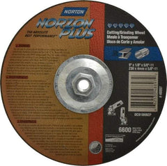Norton - 9" Wheel Diam, 1/8" Wheel Thickness, Type 27 Depressed Center Wheel - Ceramic, 6,600 Max RPM, Compatible with Angle Grinder - Americas Industrial Supply
