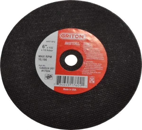Made in USA - 6" 60 Grit Aluminum Oxide Cutoff Wheel - 1/32" Thick, 1/2" Arbor, 10,186 Max RPM, Use with Circular Saws - Americas Industrial Supply