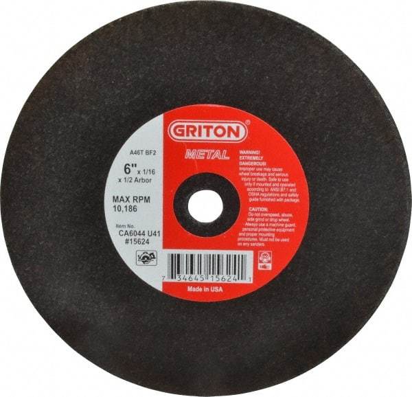 Made in USA - 6" 46 Grit Aluminum Oxide Cutoff Wheel - 1/16" Thick, 1/2" Arbor, 10,186 Max RPM, Use with Circular Saws - Americas Industrial Supply
