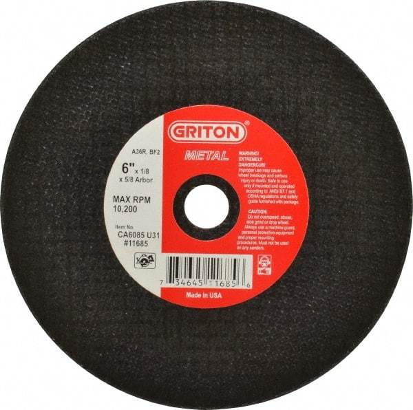 Made in USA - 6" 36 Grit Aluminum Oxide Cutoff Wheel - 1/8" Thick, 5/8" Arbor, 10,186 Max RPM, Use with Circular Saws - Americas Industrial Supply