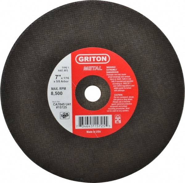 Made in USA - 7" 46 Grit Aluminum Oxide Cutoff Wheel - 1/16" Thick, 5/8" Arbor, 8,732 Max RPM, Use with Circular Saws - Americas Industrial Supply