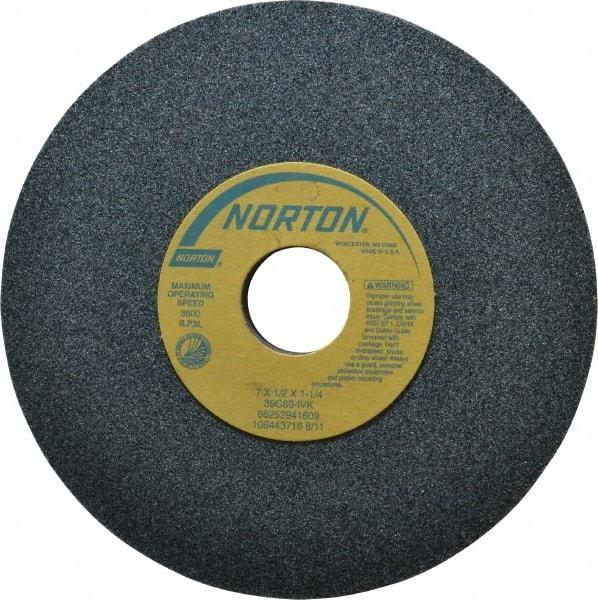 Norton - 7" Diam x 1-1/4" Hole x 1/2" Thick, I Hardness, 60 Grit Surface Grinding Wheel - Silicon Carbide, Type 1, Medium Grade, 3,600 Max RPM, Vitrified Bond, No Recess - Americas Industrial Supply