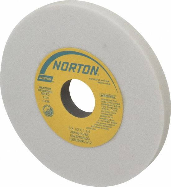 Norton - 6" Diam x 1-1/4" Hole x 1/2" Thick, K Hardness, 46 Grit Surface Grinding Wheel - Aluminum Oxide, Type 1, Coarse Grade, 4,140 Max RPM, Vitrified Bond, No Recess - Americas Industrial Supply