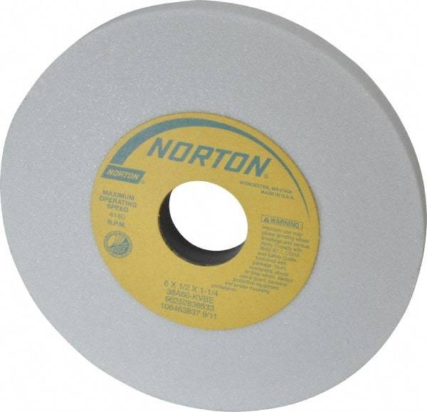 Norton - 6" Diam x 1-1/4" Hole x 1/2" Thick, K Hardness, 60 Grit Surface Grinding Wheel - Aluminum Oxide, Type 1, Medium Grade, 4,140 Max RPM, Vitrified Bond, No Recess - Americas Industrial Supply