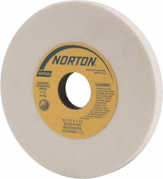 Norton - 6" Diam x 1-1/4" Hole x 1/2" Thick, K Hardness, 80 Grit Surface Grinding Wheel - Aluminum Oxide, Type 1, Medium Grade, 4,140 Max RPM, Vitrified Bond, No Recess - Americas Industrial Supply