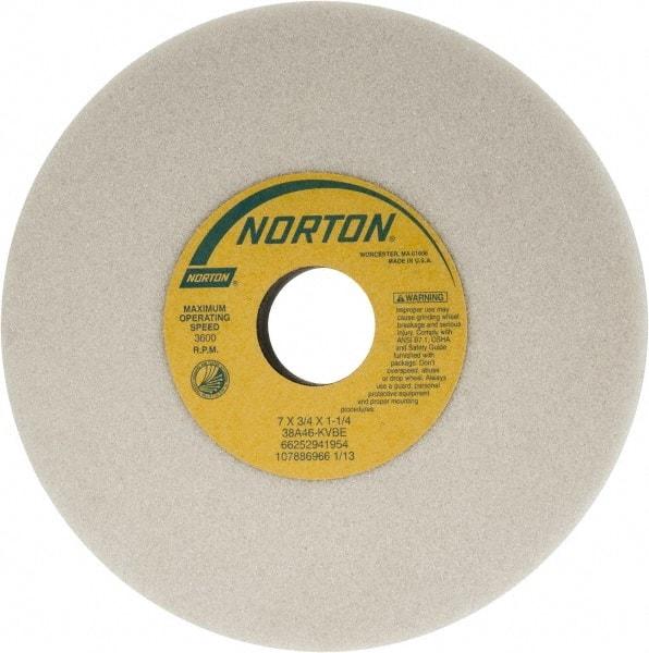 Norton - 7" Diam x 1-1/4" Hole x 3/4" Thick, K Hardness, 46 Grit Surface Grinding Wheel - Aluminum Oxide, Type 1, Coarse Grade, 3,600 Max RPM, Vitrified Bond, No Recess - Americas Industrial Supply