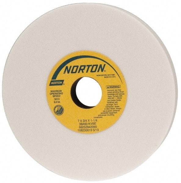 Norton - 7" Diam x 1-1/4" Hole x 3/4" Thick, K Hardness, 60 Grit Surface Grinding Wheel - Aluminum Oxide, Type 1, Medium Grade, 3,600 Max RPM, Vitrified Bond, No Recess - Americas Industrial Supply