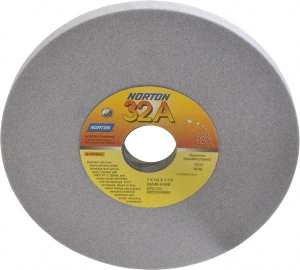 Norton - 7" Diam x 1-1/4" Hole x 1/2" Thick, K Hardness, 80 Grit Surface Grinding Wheel - Aluminum Oxide, Type 1, Medium Grade, 3,600 Max RPM, Vitrified Bond, No Recess - Americas Industrial Supply