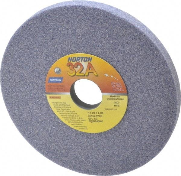 Norton - 7" Diam x 1-1/4" Hole x 1/2" Thick, K Hardness, 46 Grit Surface Grinding Wheel - Aluminum Oxide, Type 1, Coarse Grade, 3,600 Max RPM, Vitrified Bond, No Recess - Americas Industrial Supply