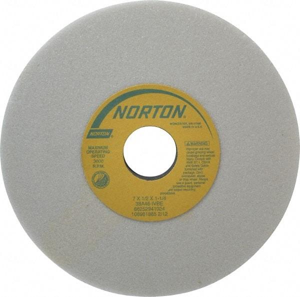 Norton - 7" Diam x 1-1/4" Hole x 1/2" Thick, I Hardness, 46 Grit Surface Grinding Wheel - Aluminum Oxide, Type 1, Coarse Grade, 3,600 Max RPM, Vitrified Bond, No Recess - Americas Industrial Supply