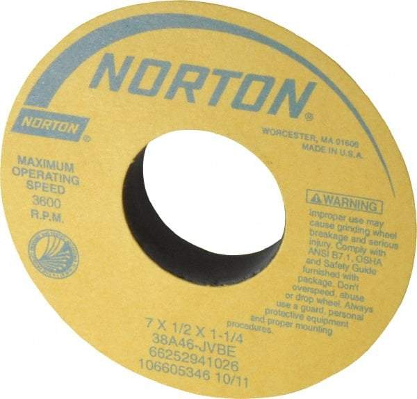 Norton - 7" Diam x 1-1/4" Hole x 1/2" Thick, J Hardness, 46 Grit Surface Grinding Wheel - Aluminum Oxide, Type 1, Coarse Grade, 3,600 Max RPM, Vitrified Bond, No Recess - Americas Industrial Supply