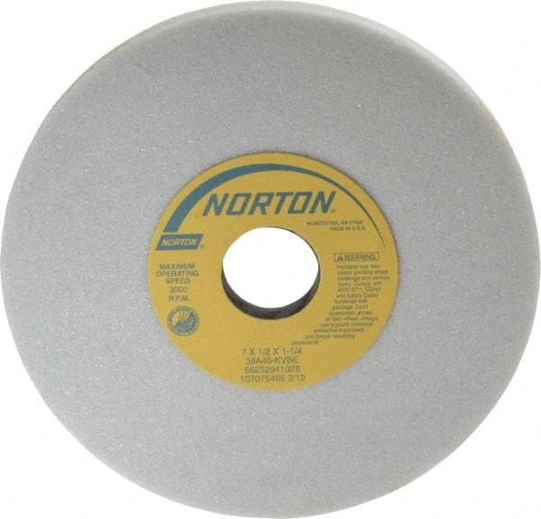 Norton - 7" Diam x 1-1/4" Hole x 1/2" Thick, K Hardness, 46 Grit Surface Grinding Wheel - Aluminum Oxide, Type 1, Coarse Grade, 3,600 Max RPM, Vitrified Bond, No Recess - Americas Industrial Supply