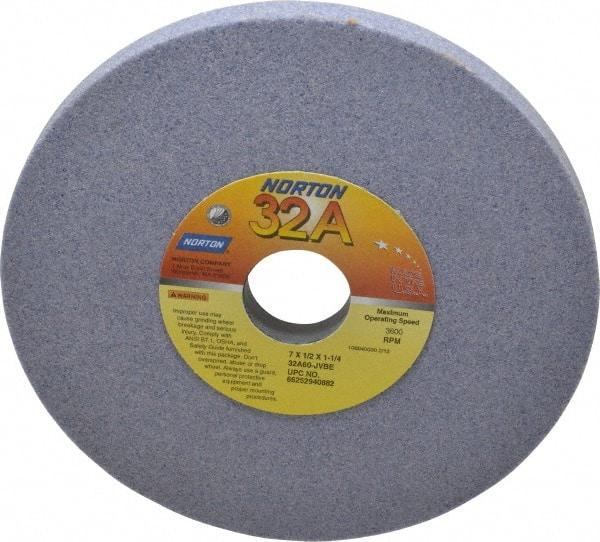 Norton - 7" Diam x 1-1/4" Hole x 1/2" Thick, J Hardness, 60 Grit Surface Grinding Wheel - Aluminum Oxide, Type 1, Medium Grade, 3,600 Max RPM, Vitrified Bond, No Recess - Americas Industrial Supply