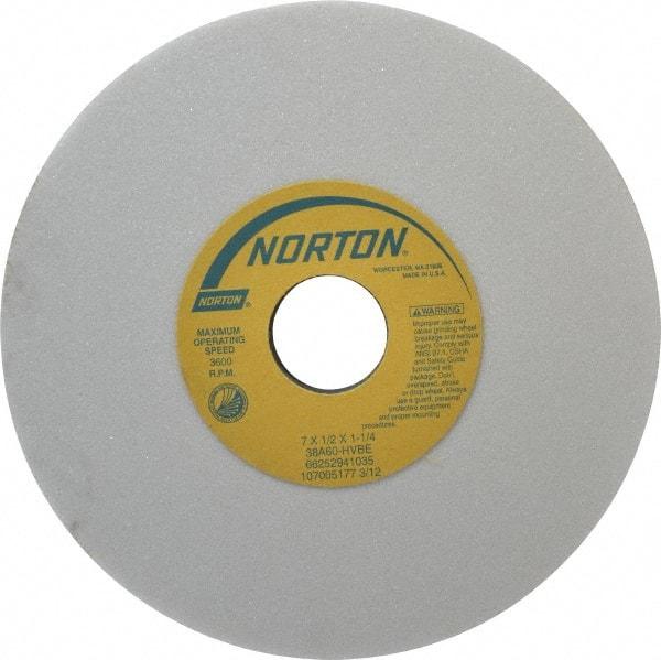 Norton - 7" Diam x 1-1/4" Hole x 1/2" Thick, H Hardness, 60 Grit Surface Grinding Wheel - Aluminum Oxide, Type 1, Medium Grade, 3,600 Max RPM, Vitrified Bond, No Recess - Americas Industrial Supply