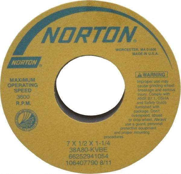Norton - 7" Diam x 1-1/4" Hole x 1/2" Thick, K Hardness, 80 Grit Surface Grinding Wheel - Aluminum Oxide, Type 1, Medium Grade, 3,600 Max RPM, Vitrified Bond, No Recess - Americas Industrial Supply
