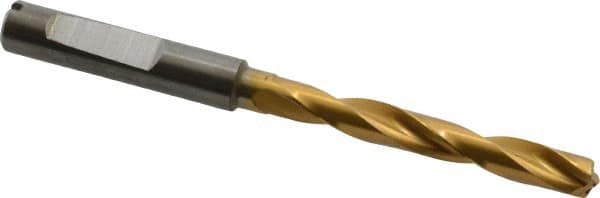 Guhring - Letter E (1/4) 140° Solid Carbide Jobber Drill - TiN Finish, Right Hand Cut, Spiral Flute, Whistle Notch Shank, 91mm OAL, SU Point - Americas Industrial Supply