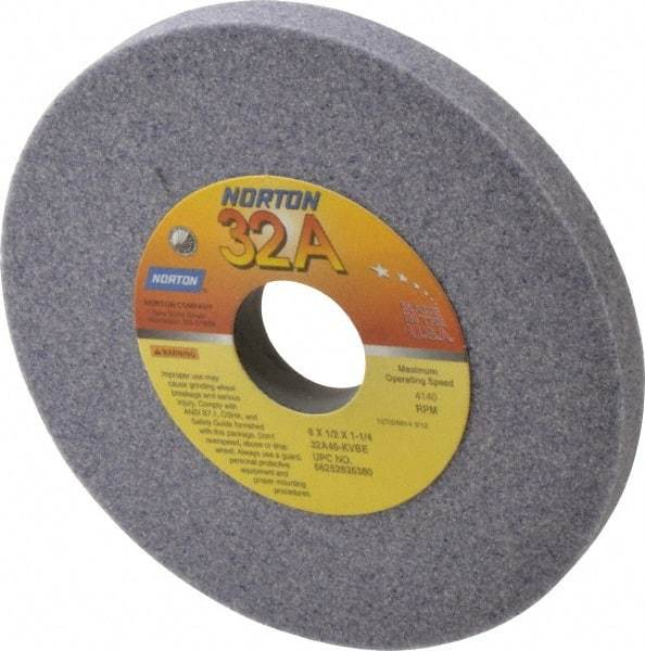 Norton - 6" Diam x 1-1/4" Hole x 1/2" Thick, K Hardness, 46 Grit Surface Grinding Wheel - Aluminum Oxide, Type 1, Coarse Grade, 4,140 Max RPM, Vitrified Bond, No Recess - Americas Industrial Supply