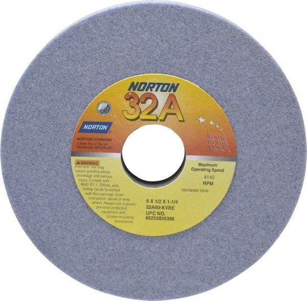 Norton - 6" Diam x 1-1/4" Hole x 1/2" Thick, K Hardness, 60 Grit Surface Grinding Wheel - Aluminum Oxide, Type 1, Medium Grade, 4,140 Max RPM, Vitrified Bond, No Recess - Americas Industrial Supply