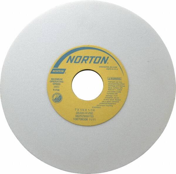 Norton - 7" Diam x 1-1/4" Hole x 1/4" Thick, K Hardness, 60 Grit Surface Grinding Wheel - Aluminum Oxide, Type 1, Medium Grade, 3,600 Max RPM, Vitrified Bond, No Recess - Americas Industrial Supply