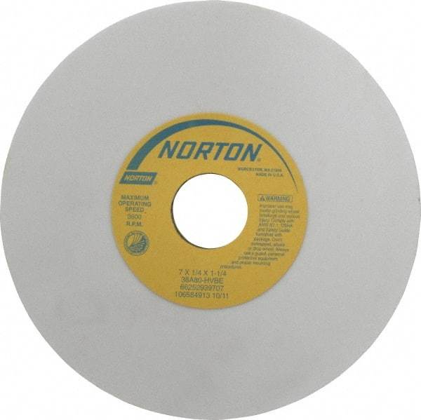Norton - 7" Diam x 1-1/4" Hole x 1/4" Thick, H Hardness, 80 Grit Surface Grinding Wheel - Aluminum Oxide, Type 1, Medium Grade, 3,600 Max RPM, Vitrified Bond, No Recess - Americas Industrial Supply