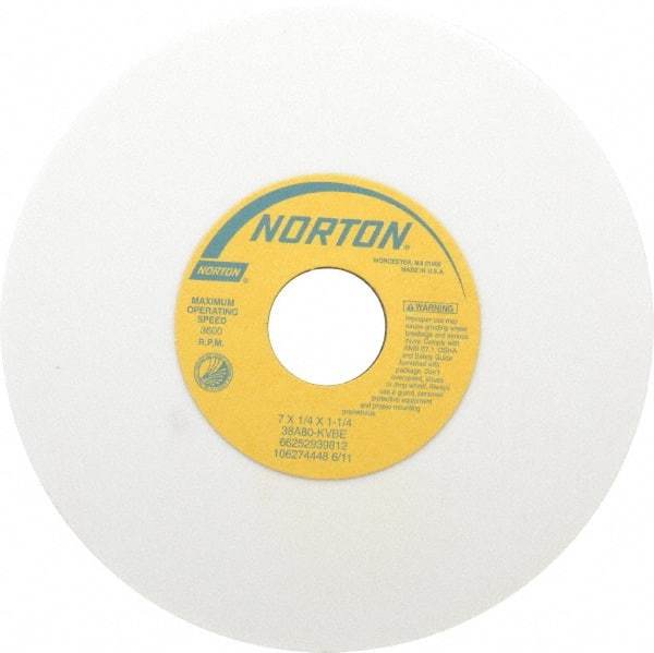Norton - 7" Diam x 1-1/4" Hole x 1/4" Thick, K Hardness, 80 Grit Surface Grinding Wheel - Aluminum Oxide, Type 1, Medium Grade, 3,600 Max RPM, Vitrified Bond, No Recess - Americas Industrial Supply