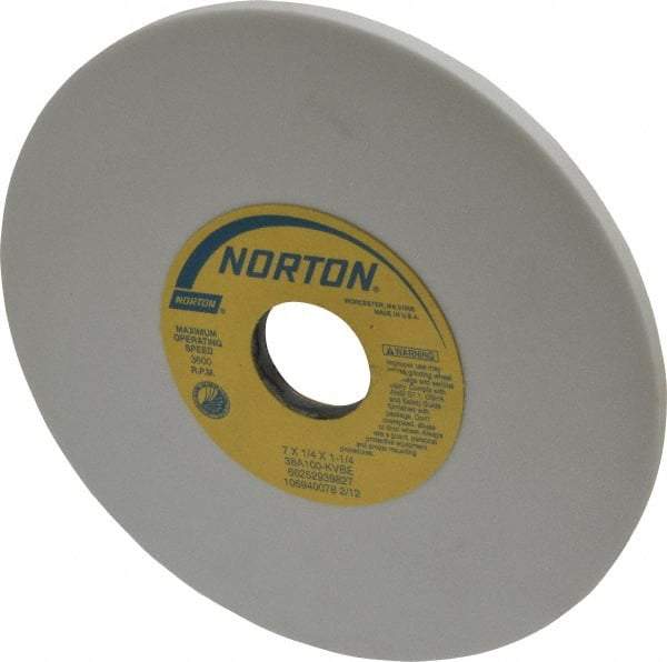 Norton - 7" Diam x 1-1/4" Hole x 1/4" Thick, K Hardness, 100 Grit Surface Grinding Wheel - Aluminum Oxide, Type 1, Fine Grade, 3,600 Max RPM, Vitrified Bond, No Recess - Americas Industrial Supply