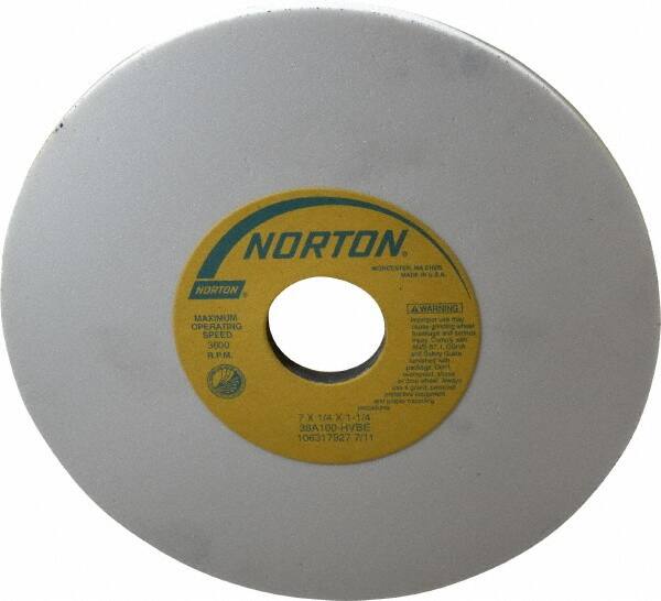 Norton - 7" Diam x 1-1/4" Hole x 1/4" Thick, H Hardness, 100 Grit Surface Grinding Wheel - Aluminum Oxide, Type 1, Fine Grade, 3,600 Max RPM, Vitrified Bond, No Recess - Americas Industrial Supply