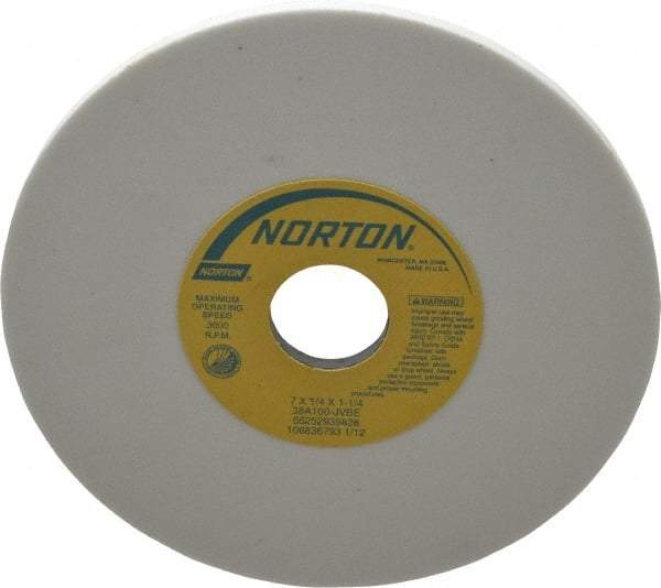Norton - 7" Diam x 1-1/4" Hole x 1/4" Thick, J Hardness, 100 Grit Surface Grinding Wheel - Aluminum Oxide, Type 1, Fine Grade, 3,600 Max RPM, Vitrified Bond, No Recess - Americas Industrial Supply