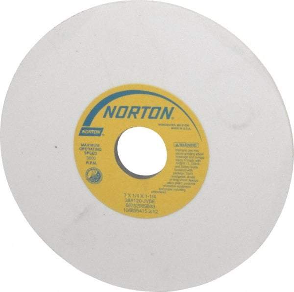 Norton - 7" Diam x 1-1/4" Hole x 1/4" Thick, J Hardness, 120 Grit Surface Grinding Wheel - Aluminum Oxide, Type 1, Fine Grade, 3,600 Max RPM, Vitrified Bond, No Recess - Americas Industrial Supply