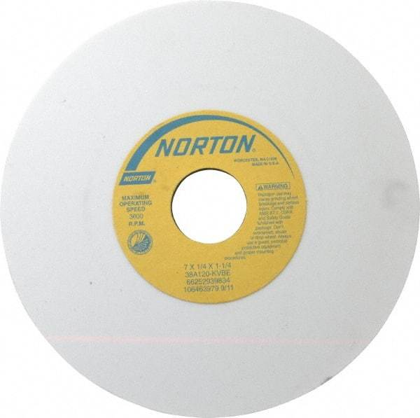 Norton - 7" Diam x 1-1/4" Hole x 1/4" Thick, K Hardness, 120 Grit Surface Grinding Wheel - Aluminum Oxide, Type 1, Fine Grade, 3,600 Max RPM, Vitrified Bond, No Recess - Americas Industrial Supply