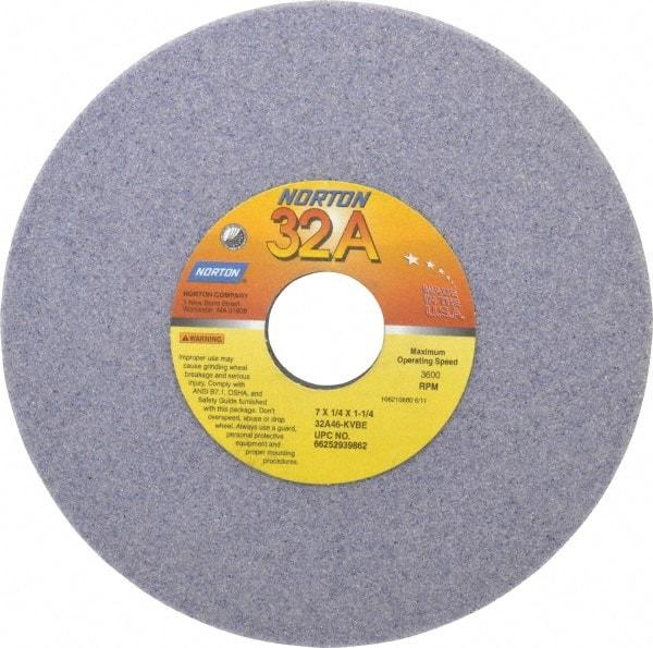 Norton - 7" Diam x 1-1/4" Hole x 1/4" Thick, K Hardness, 46 Grit Surface Grinding Wheel - Aluminum Oxide, Type 1, Coarse Grade, 3,600 Max RPM, Vitrified Bond, No Recess - Americas Industrial Supply