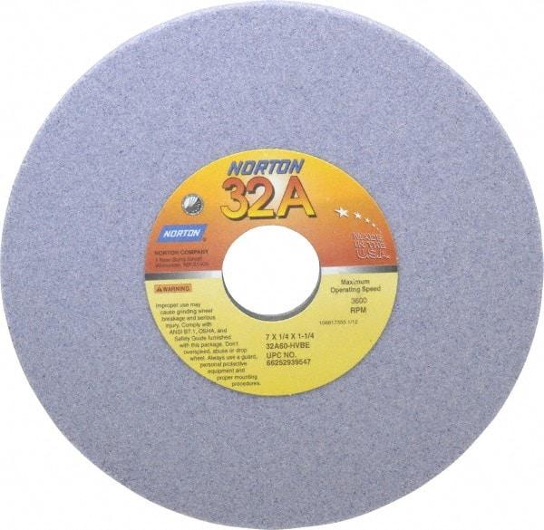 Norton - 7" Diam x 1-1/4" Hole x 1/4" Thick, H Hardness, 60 Grit Surface Grinding Wheel - Aluminum Oxide, Type 1, Medium Grade, 3,600 Max RPM, Vitrified Bond, No Recess - Americas Industrial Supply