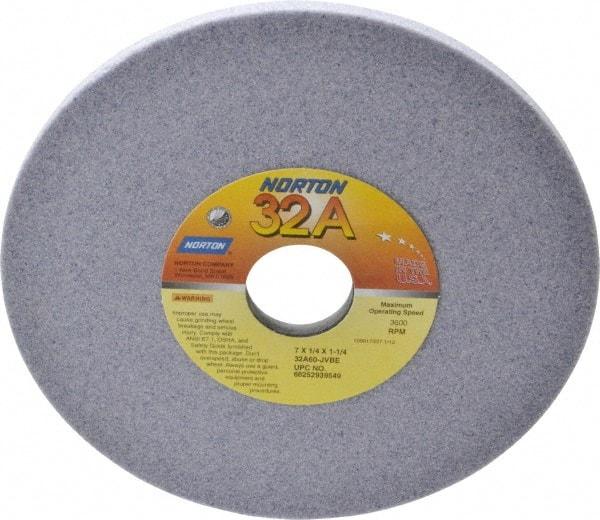 Norton - 7" Diam x 1-1/4" Hole x 1/4" Thick, J Hardness, 60 Grit Surface Grinding Wheel - Aluminum Oxide, Type 1, Medium Grade, 3,600 Max RPM, Vitrified Bond, No Recess - Americas Industrial Supply