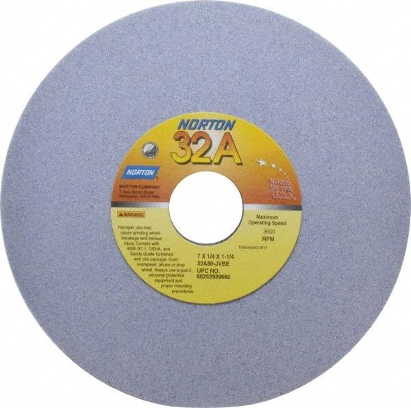 Norton - 7" Diam x 1-1/4" Hole x 1/4" Thick, J Hardness, 80 Grit Surface Grinding Wheel - Aluminum Oxide, Type 1, Medium Grade, 3,600 Max RPM, Vitrified Bond, No Recess - Americas Industrial Supply