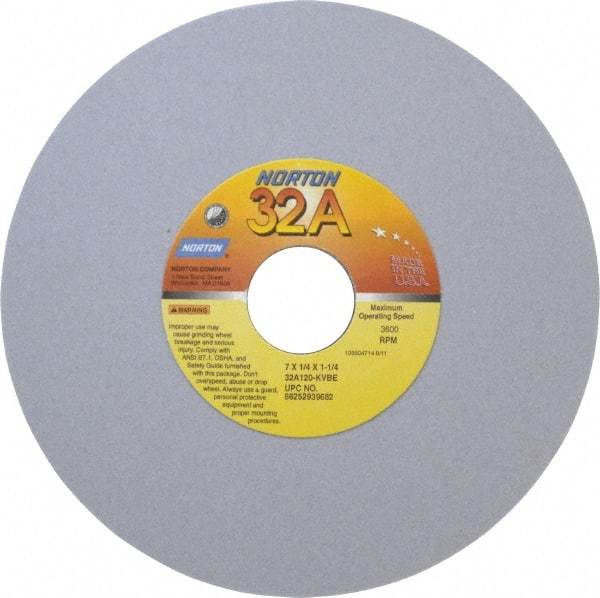 Norton - 7" Diam x 1-1/4" Hole x 1/4" Thick, K Hardness, 120 Grit Surface Grinding Wheel - Aluminum Oxide, Type 1, Fine Grade, 3,600 Max RPM, Vitrified Bond, No Recess - Americas Industrial Supply