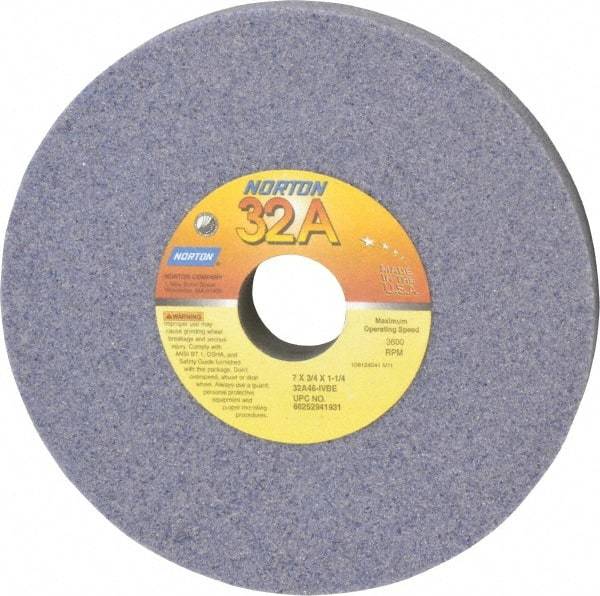 Norton - 7" Diam x 1-1/4" Hole x 3/4" Thick, I Hardness, 46 Grit Surface Grinding Wheel - Aluminum Oxide, Type 1, Coarse Grade, 3,600 Max RPM, Vitrified Bond, No Recess - Americas Industrial Supply