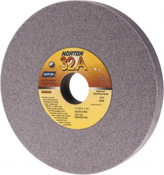 Norton - 7" Diam x 1-1/4" Hole x 3/4" Thick, K Hardness, 60 Grit Surface Grinding Wheel - Aluminum Oxide, Type 1, Medium Grade, 3,600 Max RPM, Vitrified Bond, No Recess - Americas Industrial Supply