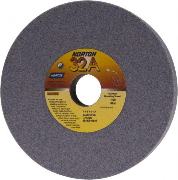 Norton - 7" Diam x 1-1/4" Hole x 1" Thick, I Hardness, 60 Grit Surface Grinding Wheel - Aluminum Oxide, Type 1, Medium Grade, 3,600 Max RPM, Vitrified Bond, No Recess - Americas Industrial Supply