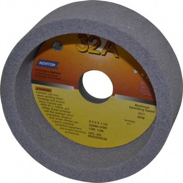 Norton - 6" Diam, 1-1/4" Hole Size, 2" Overall Thickness, 60 Grit, Type 6 Tool & Cutter Grinding Wheel - Medium Grade, Aluminum Oxide, J Hardness, Vitrified Bond, 3,820 RPM - Americas Industrial Supply