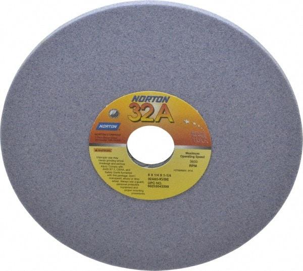 Norton - 8" Diam x 1-1/4" Hole x 1/4" Thick, K Hardness, 60 Grit Surface Grinding Wheel - Aluminum Oxide, Type 1, Medium Grade, 3,600 Max RPM, Vitrified Bond, No Recess - Americas Industrial Supply