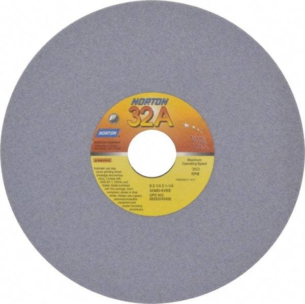 Norton - 8" Diam x 1-1/4" Hole x 1/4" Thick, K Hardness, 80 Grit Surface Grinding Wheel - Aluminum Oxide, Type 1, Medium Grade, 3,600 Max RPM, Vitrified Bond, No Recess - Americas Industrial Supply