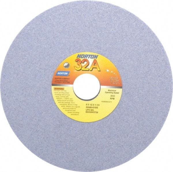 Norton - 8" Diam x 1-1/4" Hole x 1/2" Thick, K Hardness, 60 Grit Surface Grinding Wheel - Aluminum Oxide, Type 1, Medium Grade, 3,600 Max RPM, Vitrified Bond, No Recess - Americas Industrial Supply