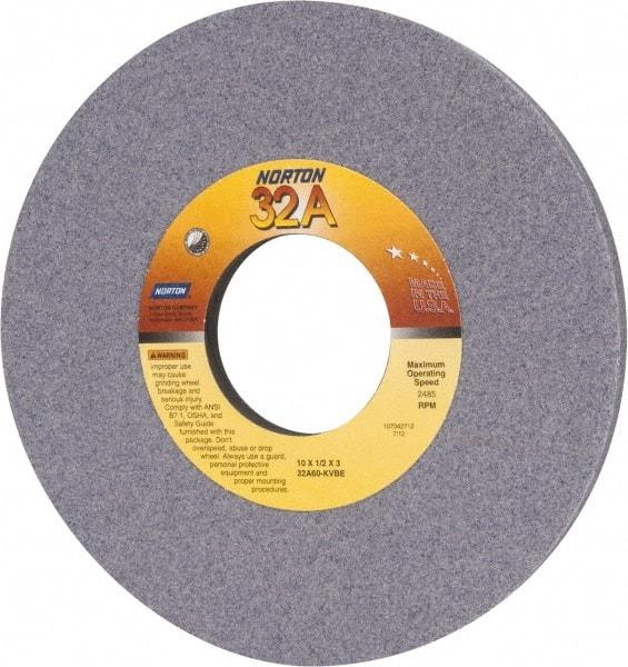 Norton - 10" Diam x 3" Hole x 1/2" Thick, K Hardness, 60 Grit Surface Grinding Wheel - Aluminum Oxide, Type 1, Medium Grade, 2,485 Max RPM, Vitrified Bond, No Recess - Americas Industrial Supply