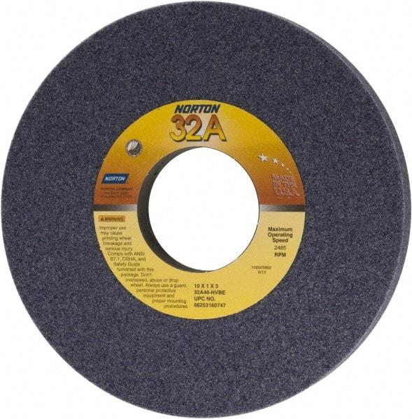 Norton - 10" Diam x 3" Hole x 1" Thick, H Hardness, 46 Grit Surface Grinding Wheel - Aluminum Oxide, Type 1, Coarse Grade, 2,485 Max RPM, Vitrified Bond, No Recess - Americas Industrial Supply